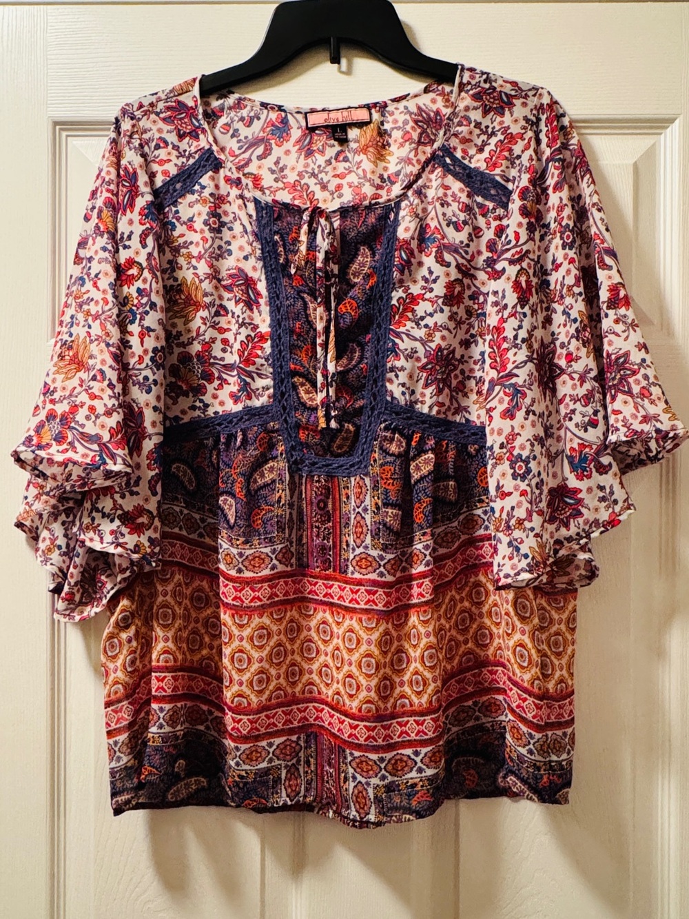 Boho Floral Border-Print Peasant Blouse in Pink and Navy